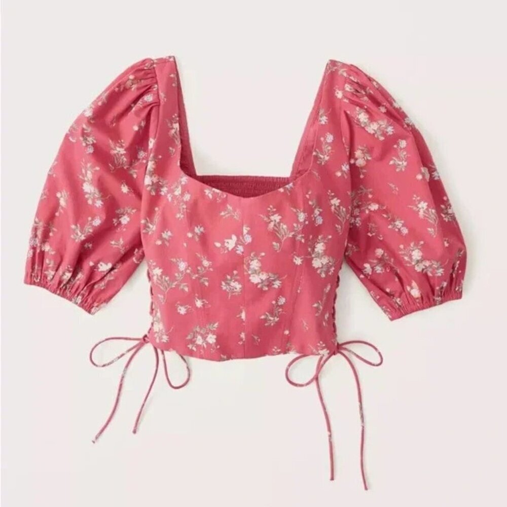 Abercrombie and Fitch Floral Puff Sleeve Lace-Up Poplin Crop Top M 41939